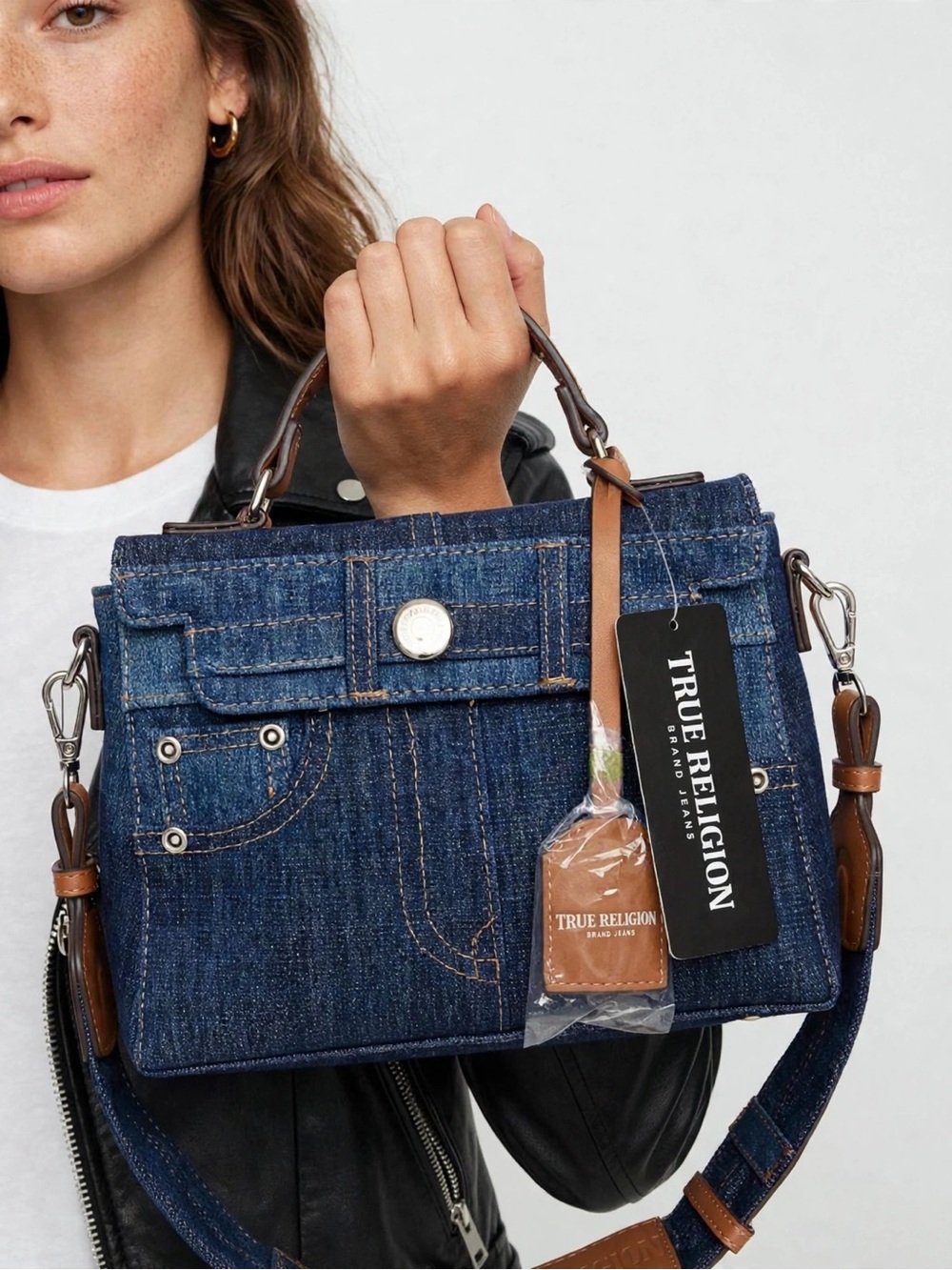 TRUE RELIGION Dk BLUE Jean POCKET CROSSBODY Guitar STRAP Flap DENIM Bag NWT